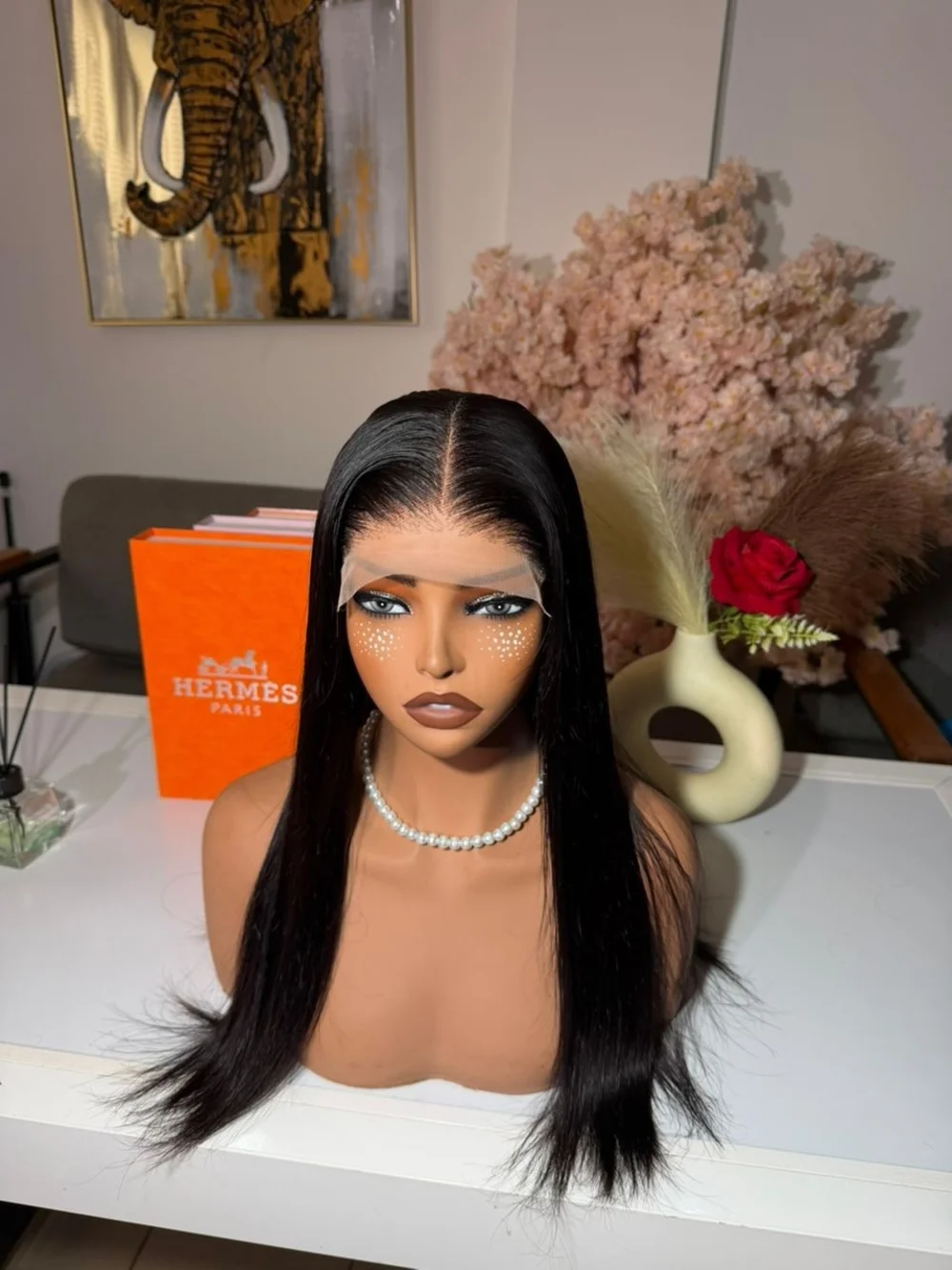 Hermes Black Straight Lace Front Wig with Defined Middle Part